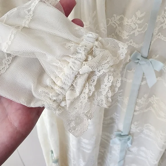 Vintage Odette Barsa Ivory Lace Peignoir Robe 1950s Sheer Blue Ribbon - Picture 4 of 15